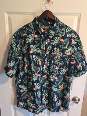 Falls Creek Navy Button-Up Shirt with Pink Flamingo & Green Leaf Print